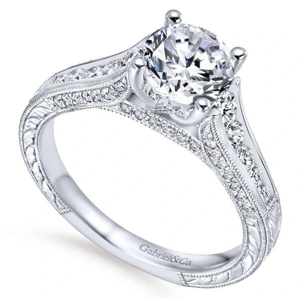 14k White Gold Diamond Straight Pave Channel and Milgrain Engagement Ring
