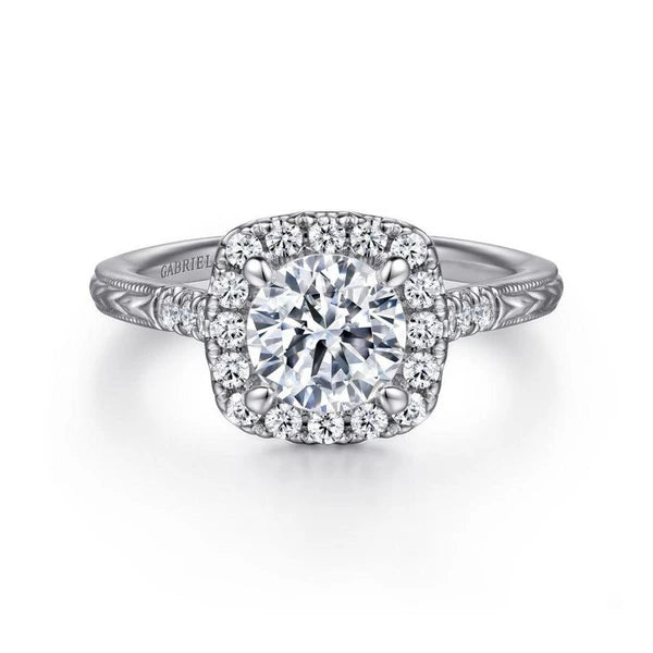 Vintage Inspired 14K White Gold Round Halo Diamond Engagement Ring