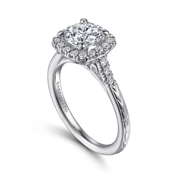 Vintage Inspired 14K White Gold Round Halo Diamond Engagement Ring