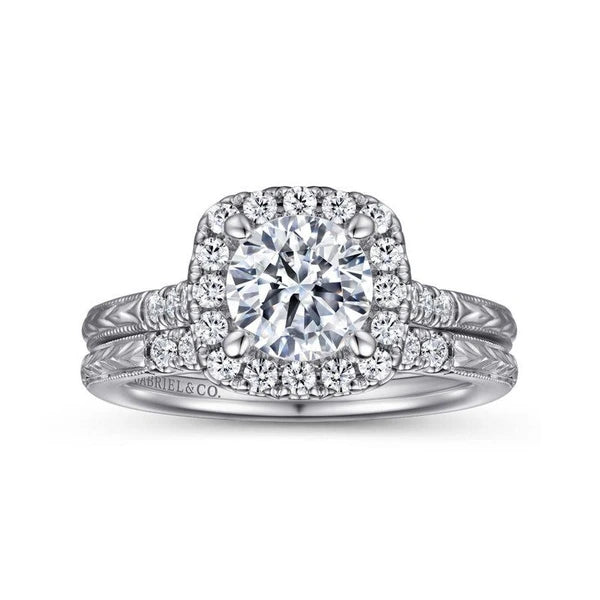 Vintage Inspired 14K White Gold Round Halo Diamond Engagement Ring