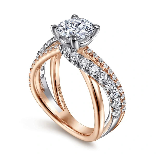14K White-Rose Gold Round Free Form Diamond Engagement Ring
