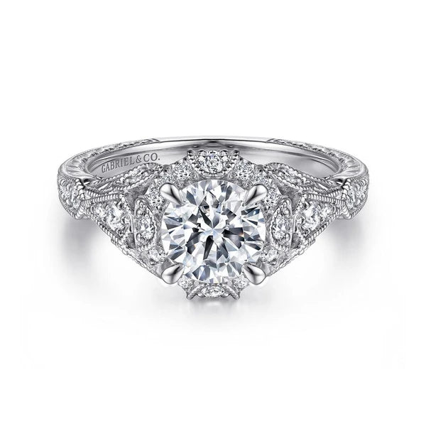Unique 14K White Gold Vintage Inspired Diamond Halo Engagement Ring