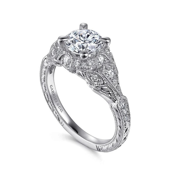 Unique 14K White Gold Vintage Inspired Diamond Halo Engagement Ring