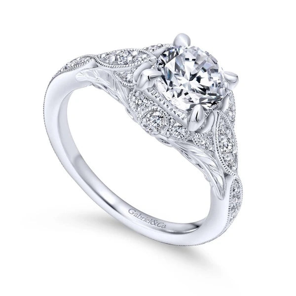 Unique 14K White Gold Vintage Halo Engagement Ring