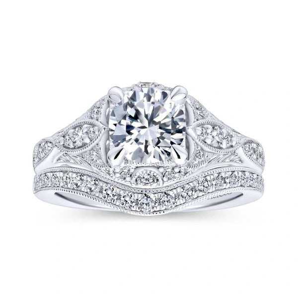 Unique 14K White Gold Vintage Halo Engagement Ring