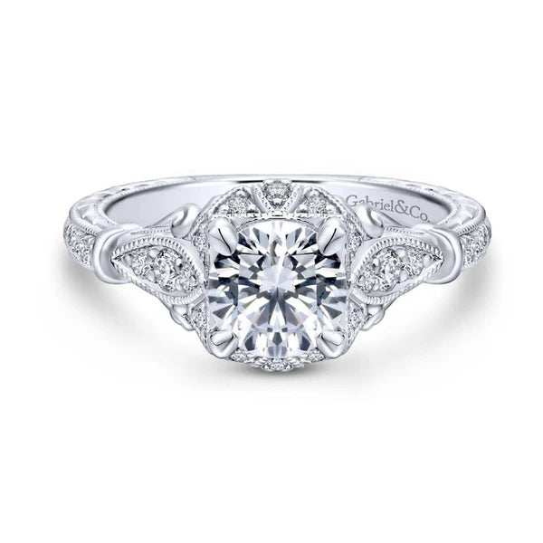 Unique 14K White Gold Vintage Halo Engagement Ring