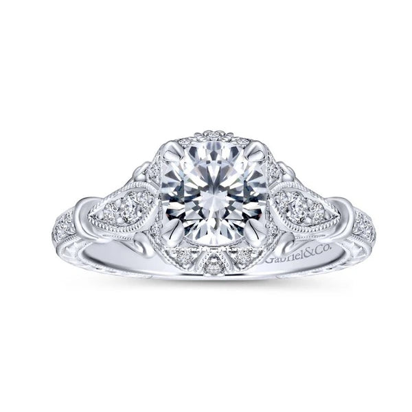 Unique 14K White Gold Vintage Halo Engagement Ring