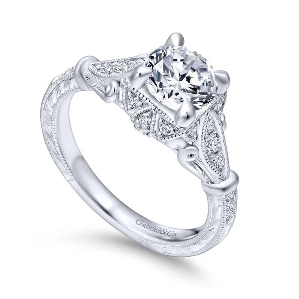 Unique 14K White Gold Vintage Halo Engagement Ring
