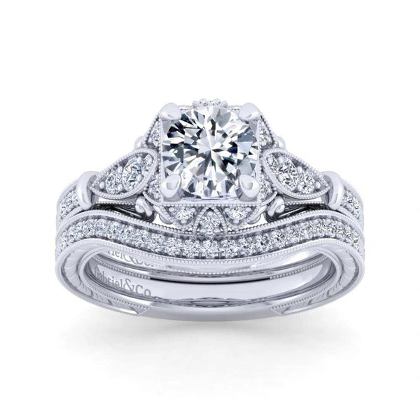 Unique 14K White Gold Vintage Halo Engagement Ring