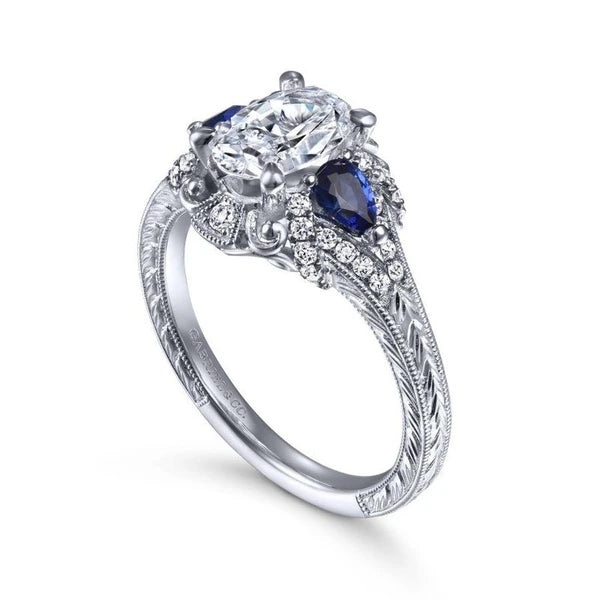 14K White Gold Oval Sapphire and Diamond Engagement Ring