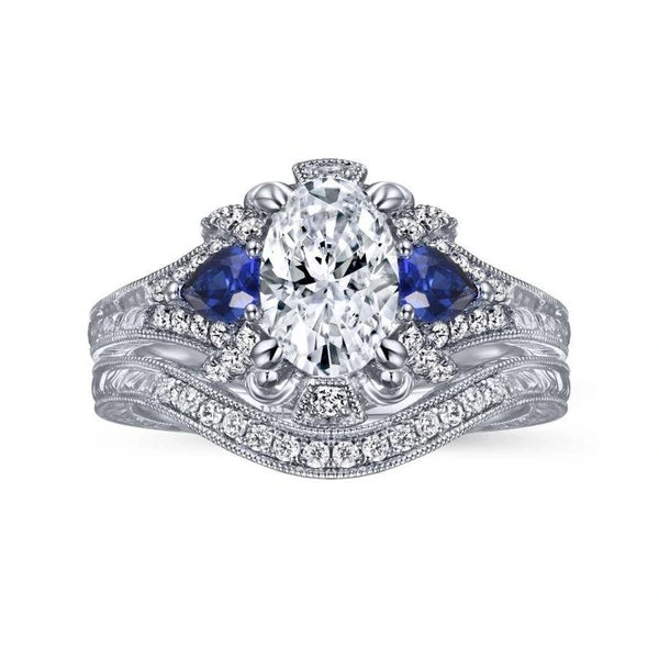 14K White Gold Oval Sapphire and Diamond Engagement Ring