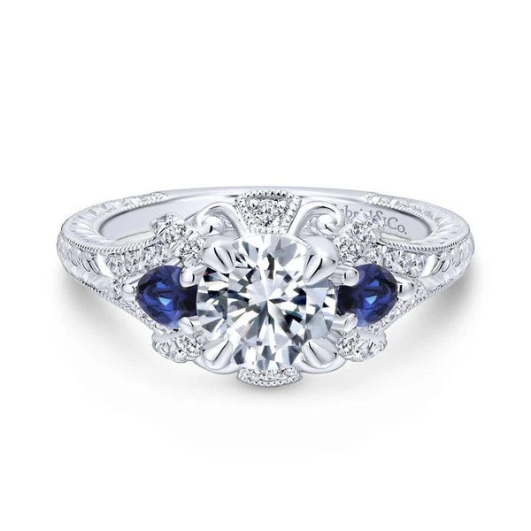 14K White Gold Round Sapphire and Diamond Engagement Ring