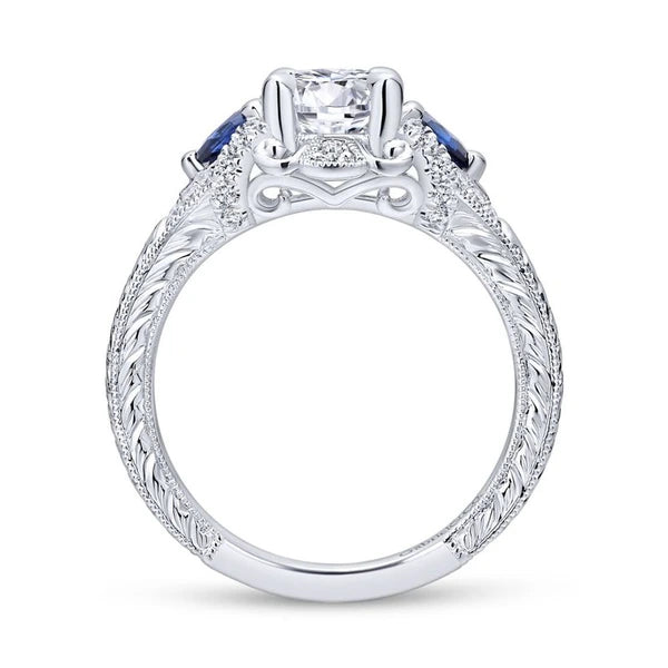 14K White Gold Round Sapphire and Diamond Engagement Ring