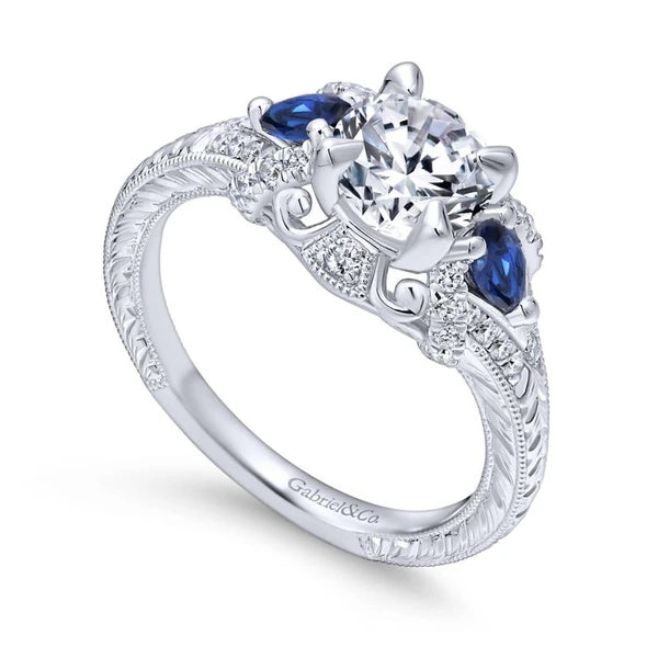 14K White Gold Round Sapphire and Diamond Engagement Ring