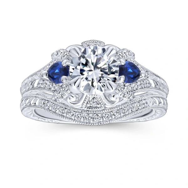 14K White Gold Round Sapphire and Diamond Engagement Ring