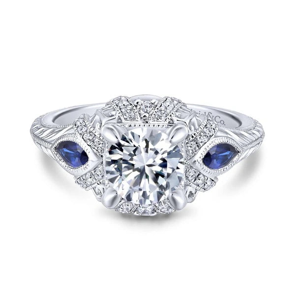 14K White Gold Round Sapphire and Diamond Engagement Ring