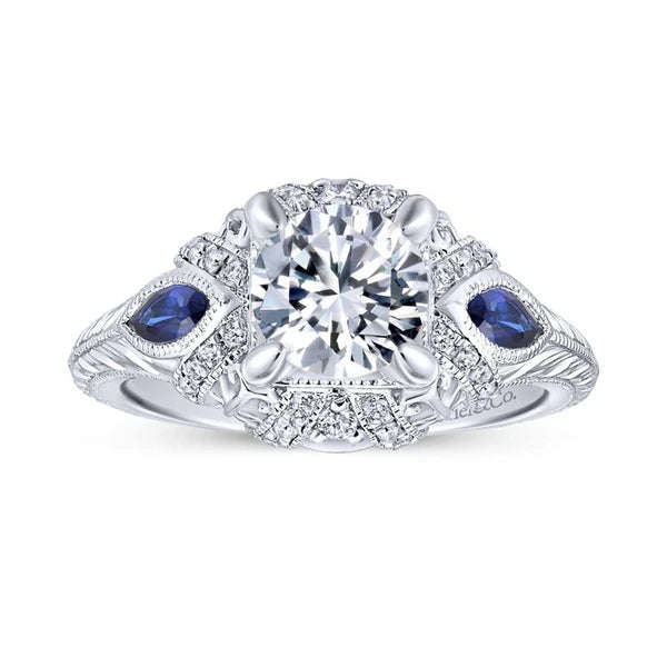 14K White Gold Round Sapphire and Diamond Engagement Ring