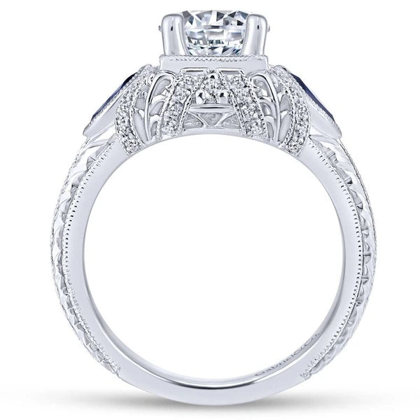 14K White Gold Round Sapphire and Diamond Engagement Ring