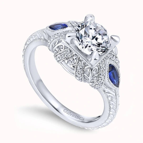 14K White Gold Round Sapphire and Diamond Engagement Ring