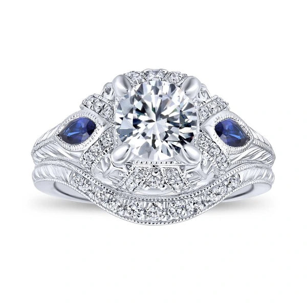14K White Gold Round Sapphire and Diamond Engagement Ring