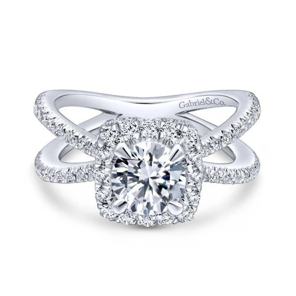 14K White Gold Cushion Halo Round Diamond Engagement Ring