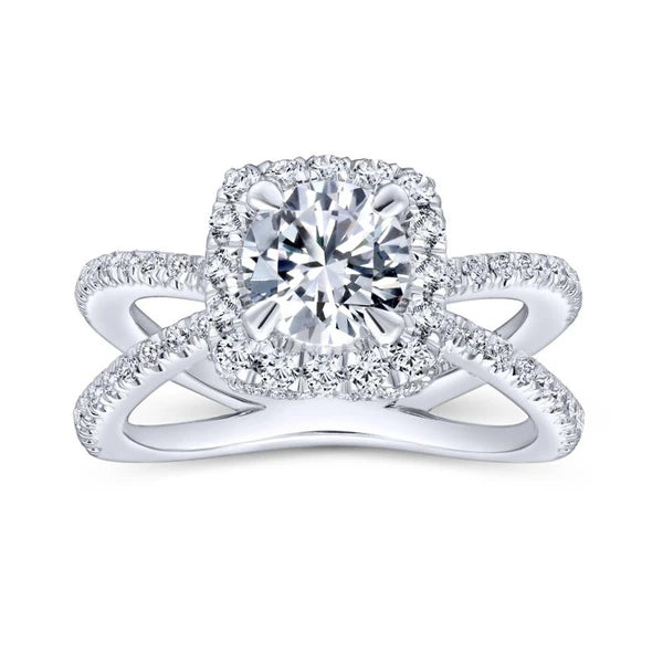 14K White Gold Cushion Halo Round Diamond Engagement Ring