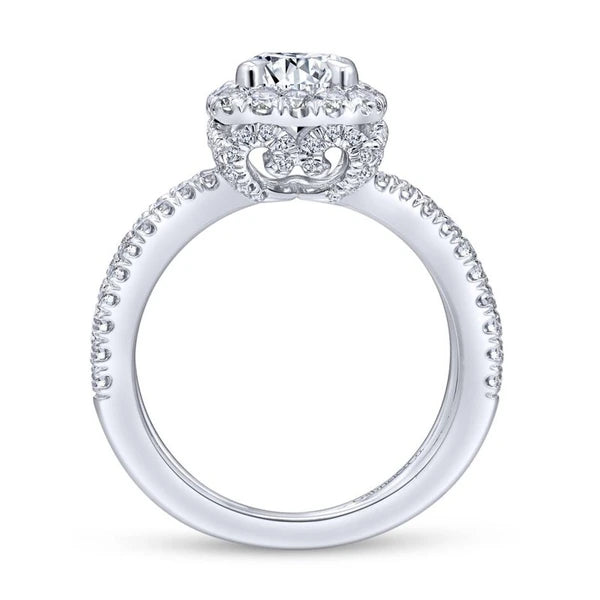 14K White Gold Cushion Halo Round Diamond Engagement Ring
