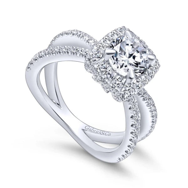14K White Gold Cushion Halo Round Diamond Engagement Ring