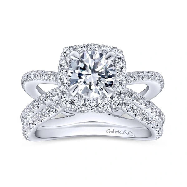 14K White Gold Cushion Halo Round Diamond Engagement Ring