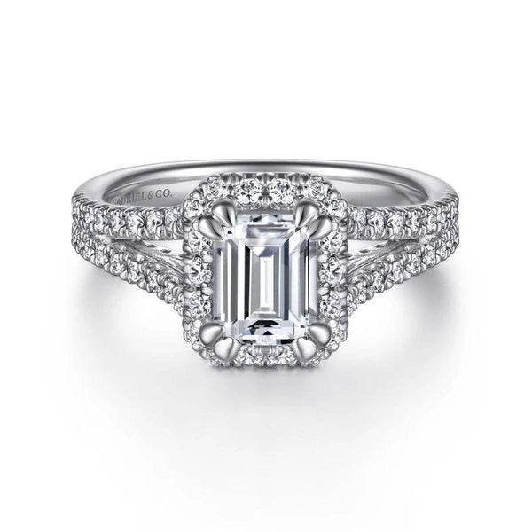 14K White Gold Halo Emerald Cut Diamond Engagement Ring