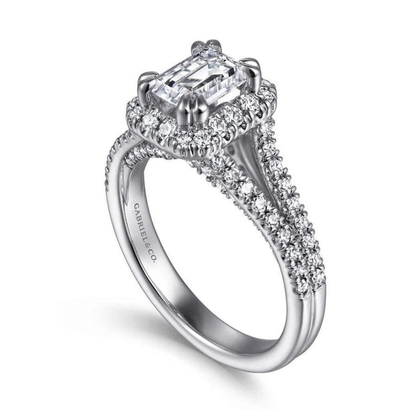 14K White Gold Halo Emerald Cut Diamond Engagement Ring