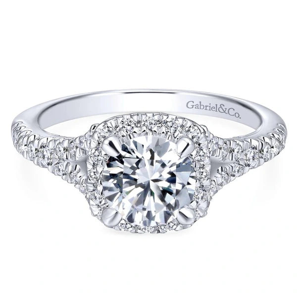 14K White Gold Cushion Halo Round Diamond Engagement Ring