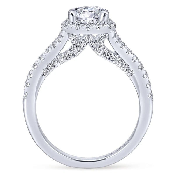 14K White Gold Cushion Halo Round Diamond Engagement Ring