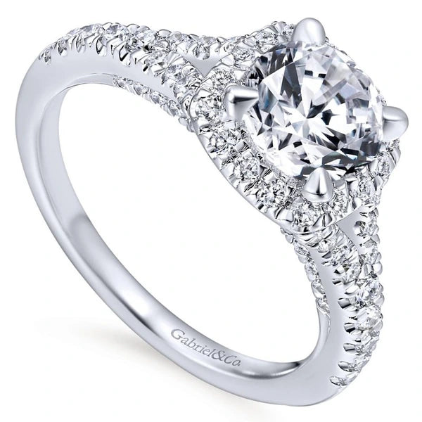 14K White Gold Cushion Halo Round Diamond Engagement Ring