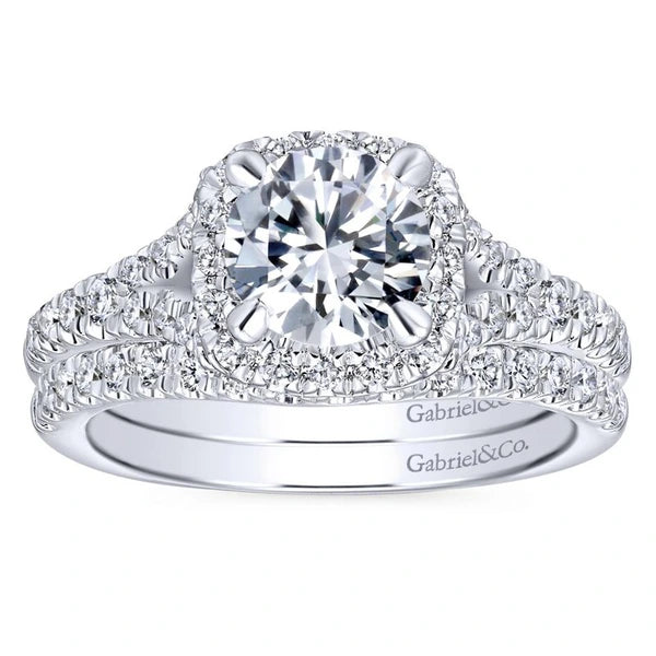 14K White Gold Cushion Halo Round Diamond Engagement Ring