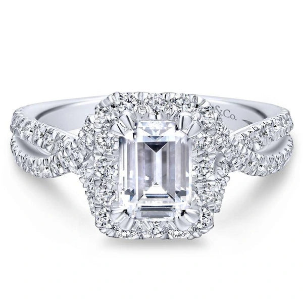 14K White Gold Halo Emerald Cut Diamond Engagement Ring