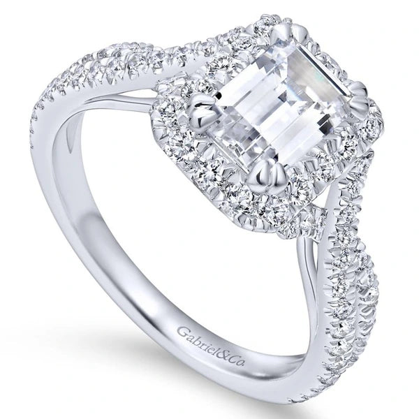 14K White Gold Halo Emerald Cut Diamond Engagement Ring