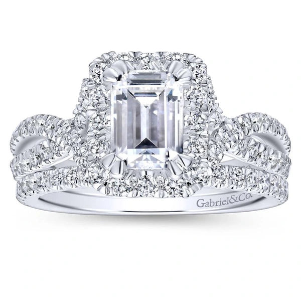 14K White Gold Halo Emerald Cut Diamond Engagement Ring