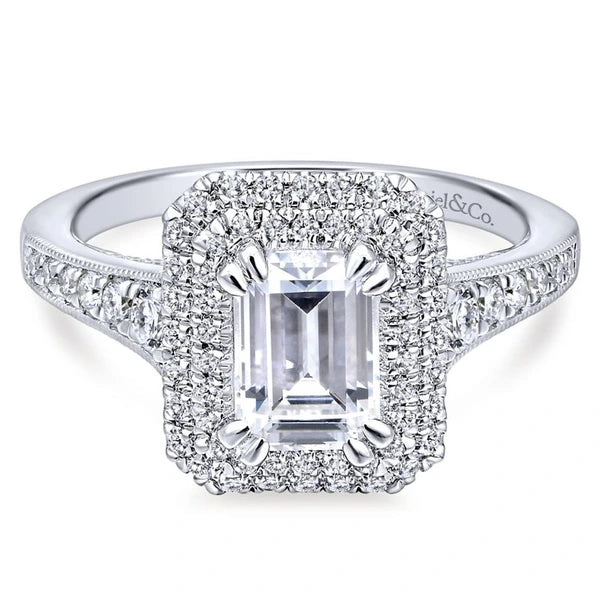 14K White Gold Double Halo Emerald Cut Diamond Engagement Ring