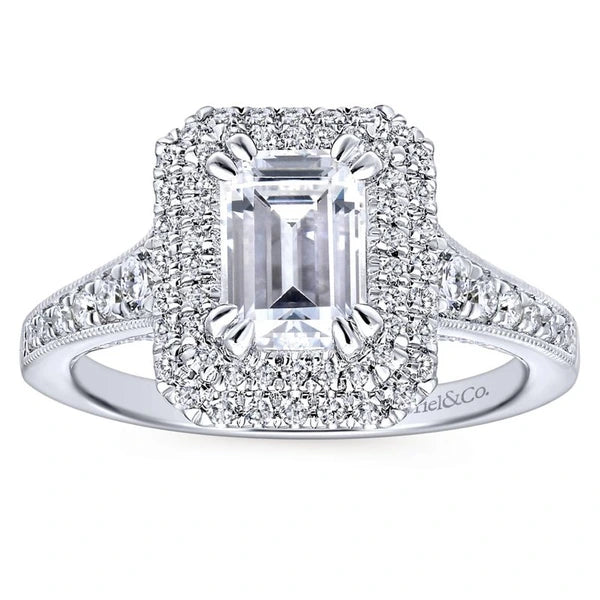 14K White Gold Double Halo Emerald Cut Diamond Engagement Ring