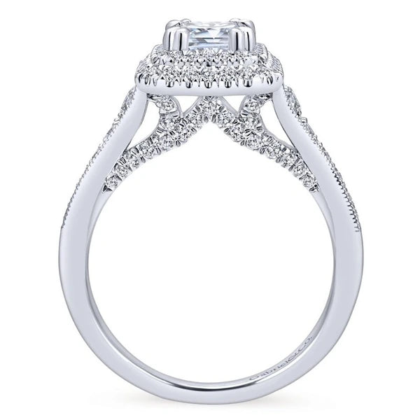 14K White Gold Double Halo Emerald Cut Diamond Engagement Ring