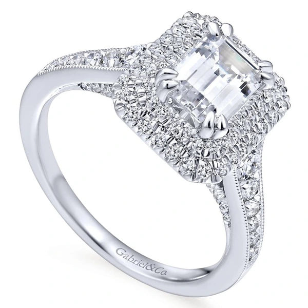 14K White Gold Double Halo Emerald Cut Diamond Engagement Ring