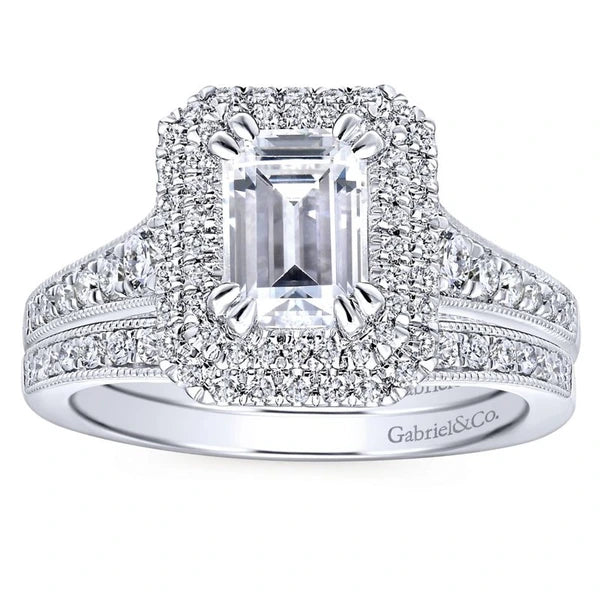 14K White Gold Double Halo Emerald Cut Diamond Engagement Ring