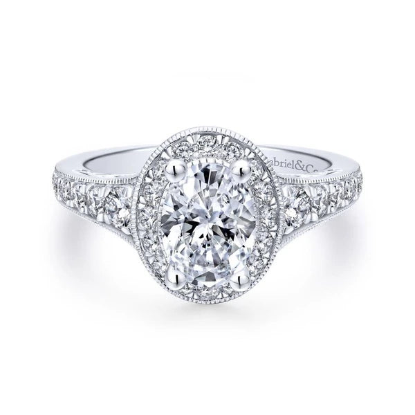 Vintage 14K White Gold Oval Halo Diamond Engagement Ring