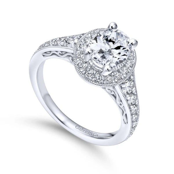 Vintage 14K White Gold Oval Halo Diamond Engagement Ring