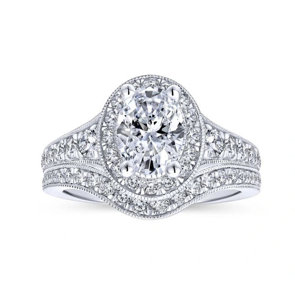 Vintage 14K White Gold Oval Halo Diamond Engagement Ring