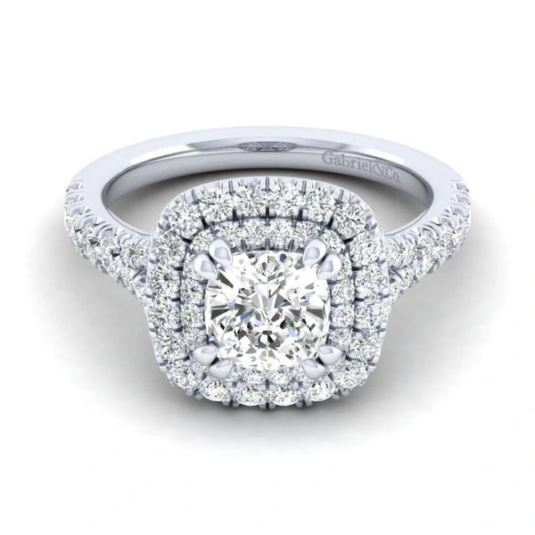 14K White Gold Cushion Double Halo Diamond Engagement Ring