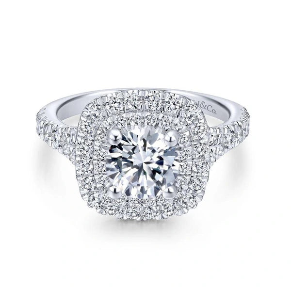14K White Gold Cushion Double Halo Round Diamond Engagement Ring