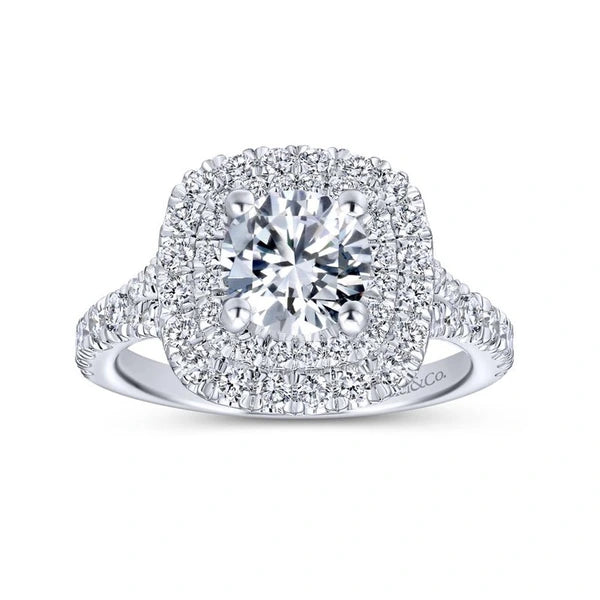 14K White Gold Cushion Double Halo Round Diamond Engagement Ring