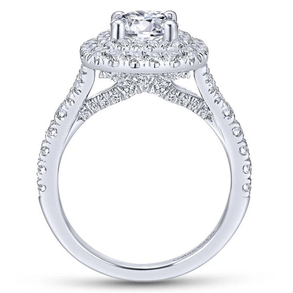 14K White Gold Cushion Double Halo Round Diamond Engagement Ring